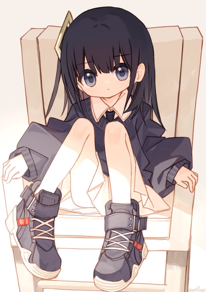 1girl, armchair, black_hair, black_necktie, black_shoes, black_sweater, chair, collared_shirt, commentary_request, full_body, gradient_background, grey_background, grey_eyes, hair_between_eyes, knees_up, long_hair, long_sleeves, looking_at_viewer, necktie, on_chair, one_side_up, original, pleated_skirt, puffy_long_sleeves, puffy_sleeves, shiho_(yuuhagi_(amaretto-no-natsu)), shirt, shoes, signature, sitting, skirt, sleeves_past_wrists, solo, sweater, tareme, white_background, white_shirt, white_skirt, yuuhagi_(amaretto-no-natsu)