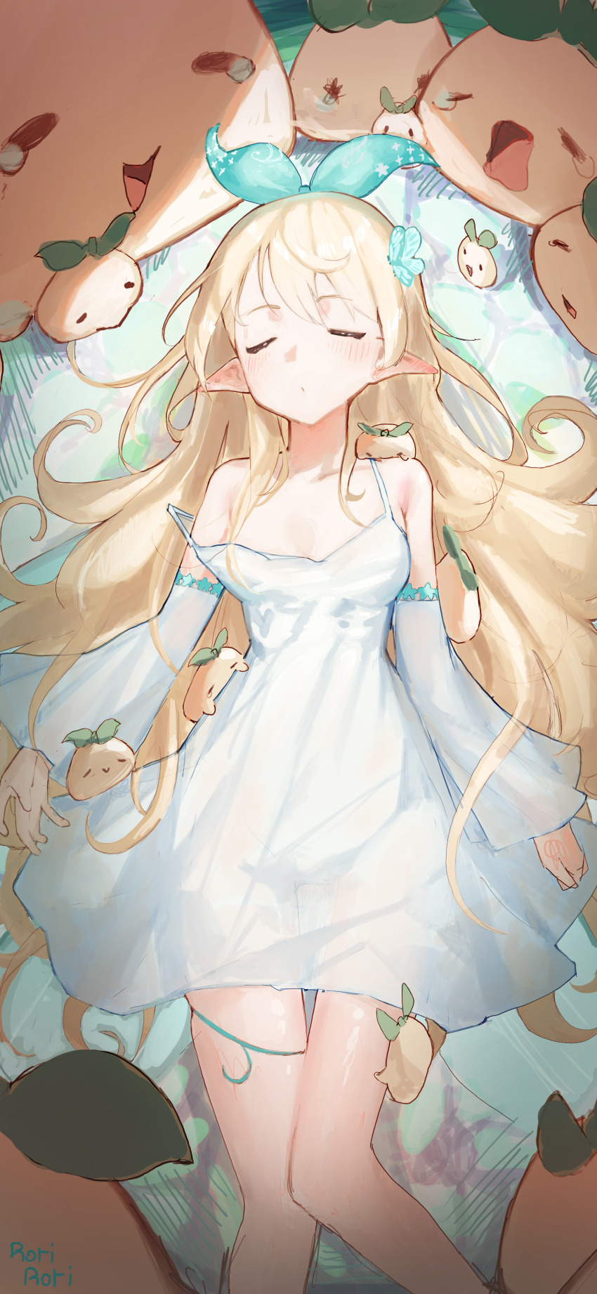 1girl, absurdres, bare_shoulders, blonde_hair, bow, breasts, bug, butterfly