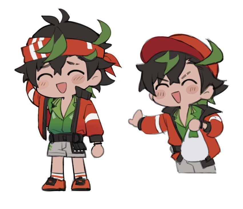 1boy, ^_^, ahoge, arknights, bag, black_hair, bryophyta_(arknights), chibi