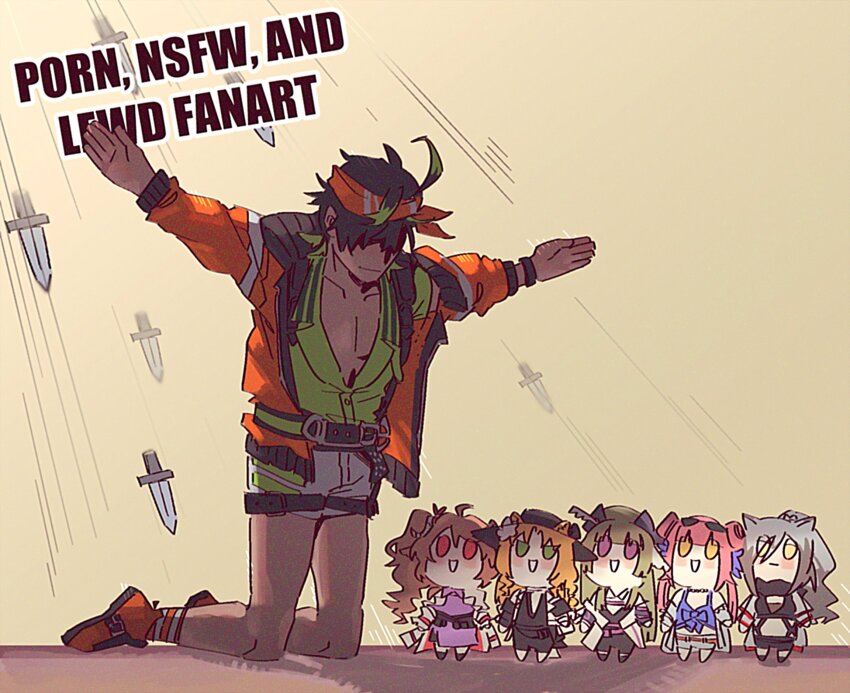 1boy, 5girls, :d, ahoge, arknights, black_hair, bryophyta_(arknights), ceylon_(arknights)