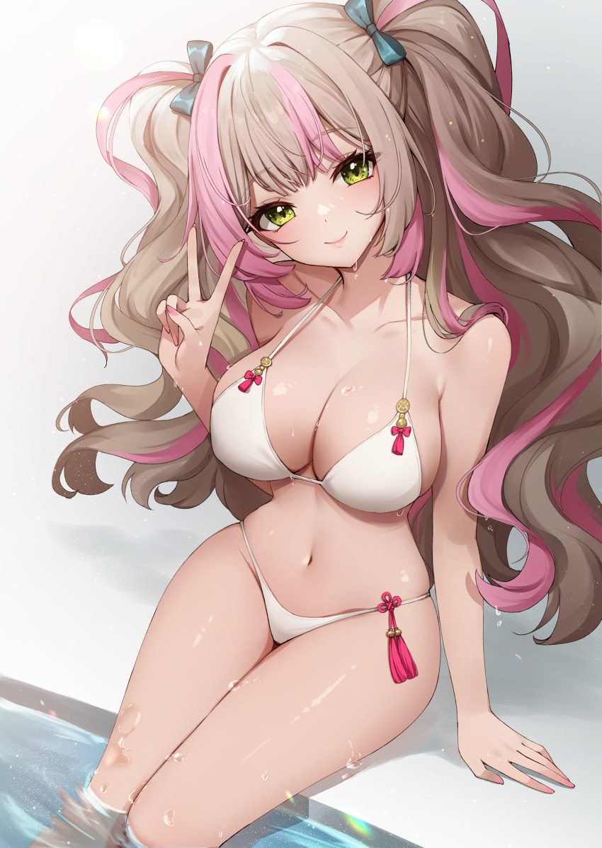 1girl, absurdres, alternate_costume, ankkoyom, bare_arms, bare_shoulders, bikini, bow, breasts, brown_hair, cleavage, closed_mouth, collarbone, eversoul, green_eyes, hair_bow, halterneck, hand_up, head_tilt, highres, jiho_(eversoul), large_breasts, long_hair, looking_at_viewer, multicolored_hair, nail_polish, navel, pink_hair, pink_nails, sitting, skindentation, smile, solo, stomach, strap_gap, string_bikini, swimsuit, thighs, two-tone_hair, two_side_up, v, very_long_hair, water, wet, white_bikini