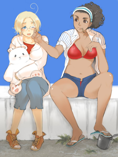 2girls, ahoge, artist_request, axis_powers_hetalia, black_hair, blonde_hair, blue_eyes, brown_eyes, canada_(hetalia), cuba_(hetalia), curly_hair, curvy, dark-skinned_female, dark_skin, gender_request, genderswap, glasses, kumarii_(hetalia), multiple_girls, ponytail, sandals, interracial