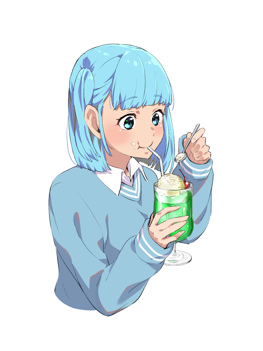 1girl, blue_eyes, blue_hair, blue_sweater, blush, cherry, collared_shirt, cup