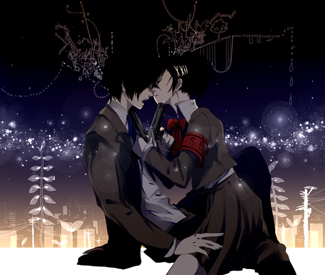 1boy, 1girl, atlus, couple, en_(enxxx), evoker, gun, hair_ornament