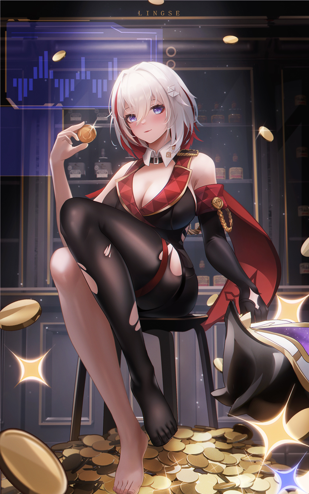 1girl, bare_shoulders, barefoot, black_gloves, black_thighhighs, blush, bottle, breasts