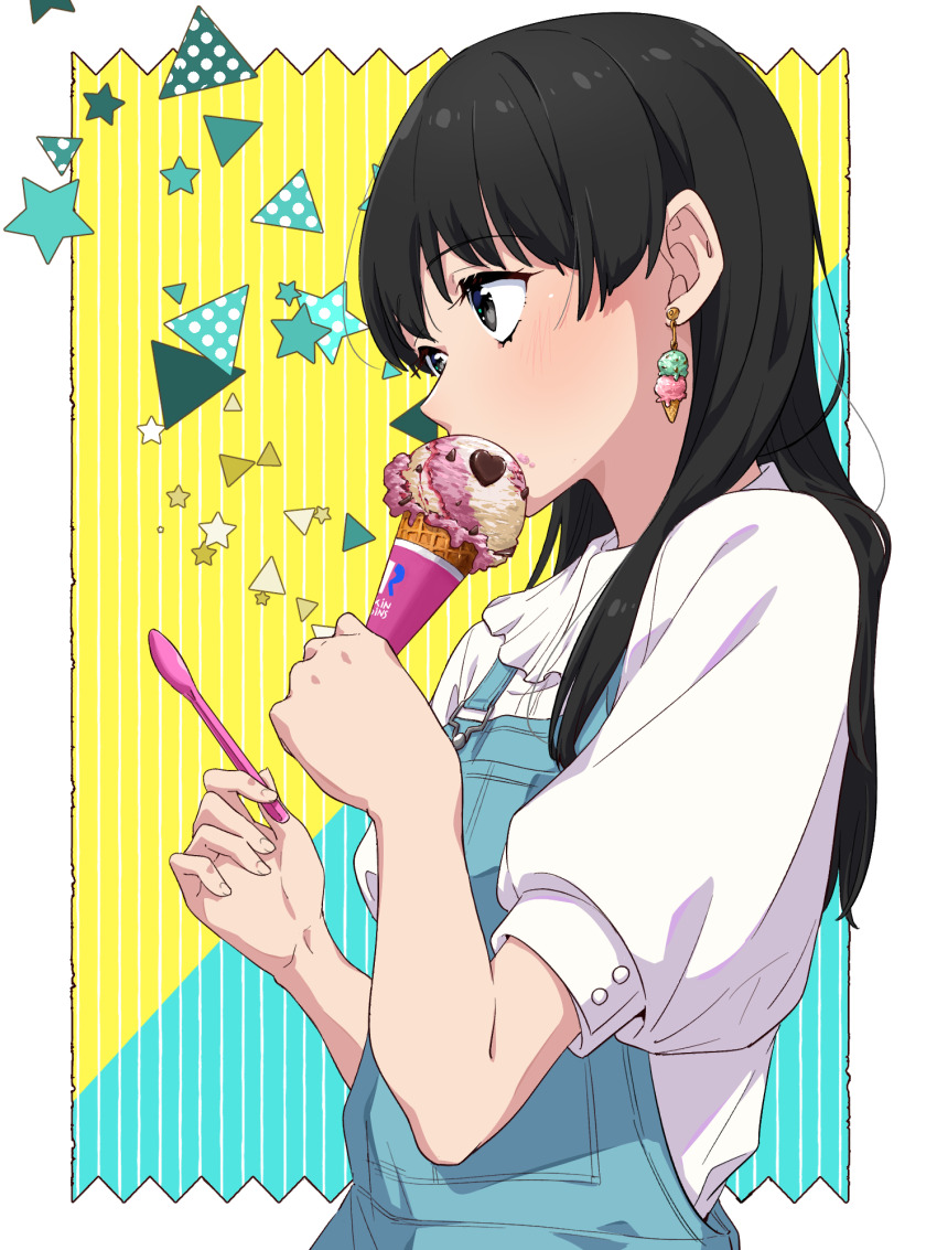 1girl, aqua_background, biting, black_hair, blue_overalls, blush, confetti, earrings