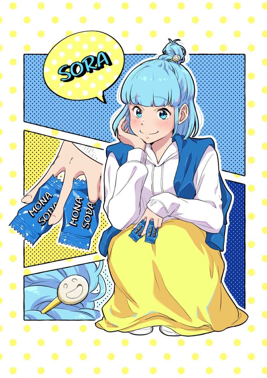 1girl, blue_eyes, blue_hair, blue_jacket, blush, candy, character_name, closed_mouth