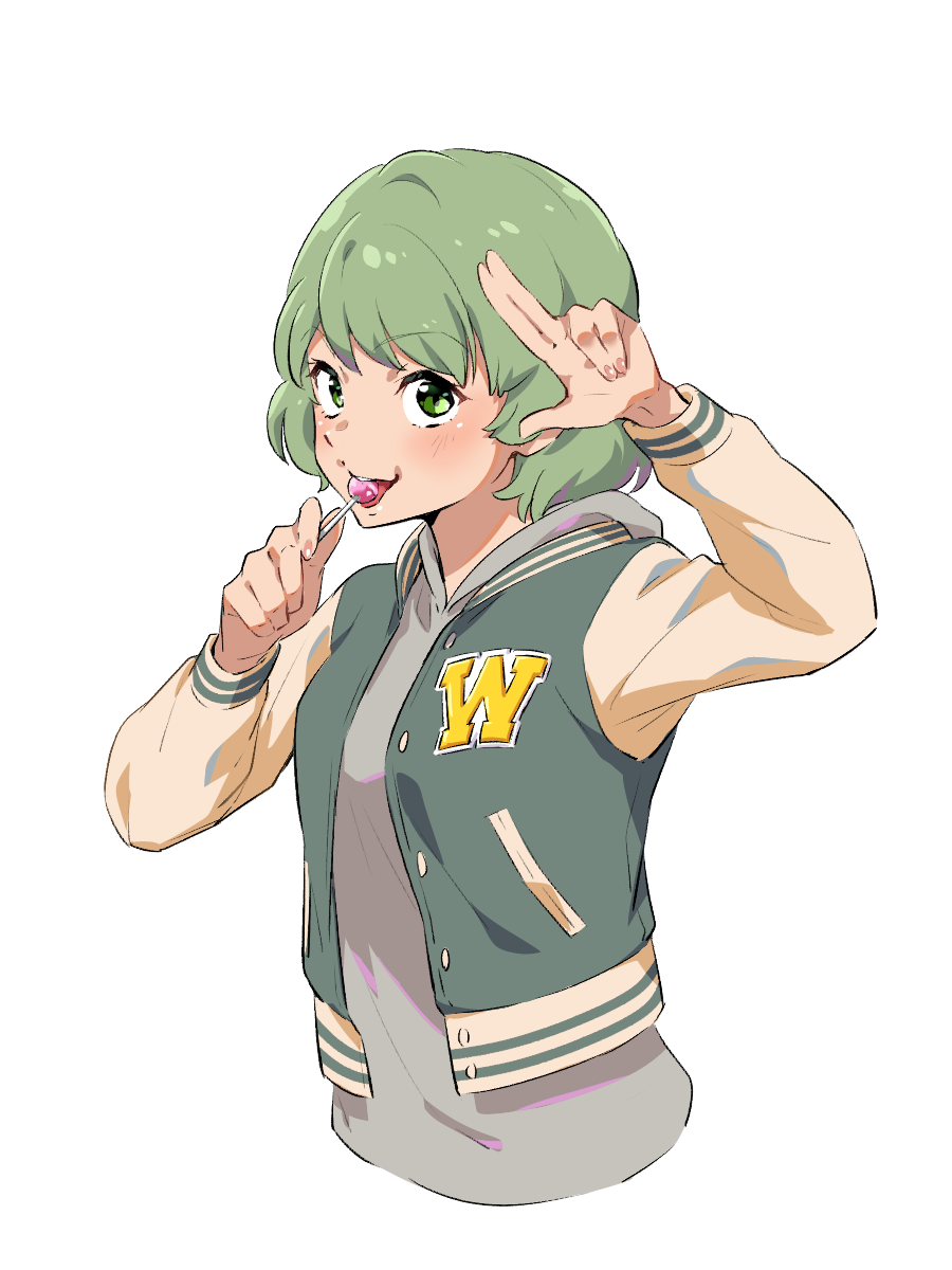 1girl, blush, candy, chupa_chups, commentary_request, edomon-do, food, green_eyes, green_hair, highres, holding, holding_candy, holding_food, jacket, letterman_jacket, lollipop, long_sleeves, looking_at_viewer, mona_lisa_no_zaregoto, short_hair, simple_background, solo, upper_body, wasabi_(mona_lisa_no_zaregoto), white_background