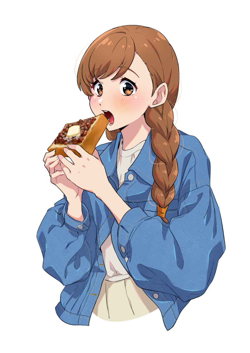 1girl, adzuki_bean, blue_jacket, blush, braid, bread, bread_slice, brown_eyes