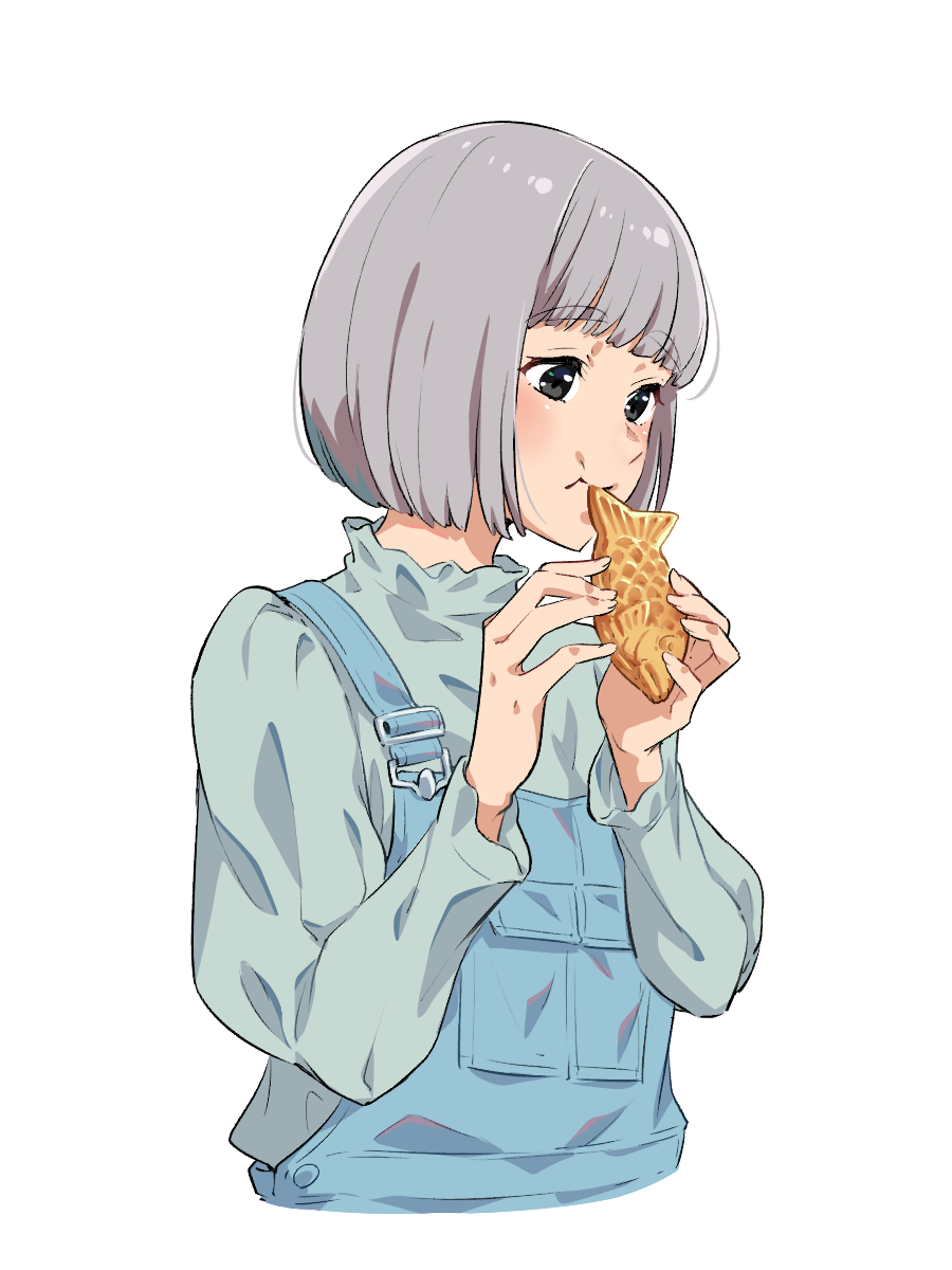 1girl, biting, black_eyes, blue_overalls, blush, commentary_request, eating, edomon-do