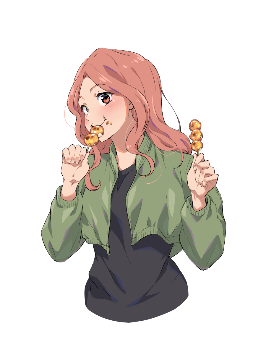 1girl, black_shirt, blush, cropped_jacket, dango, eating, edomon-do, food, green_jacket, highres, hisame_(mona_lisa_no_zaregoto), holding, holding_food, jacket, long_sleeves, mitarashi_dango, mona_lisa_no_zaregoto, red_eyes, red_hair, shirt, simple_background, solo, t-shirt, wagashi, white_background