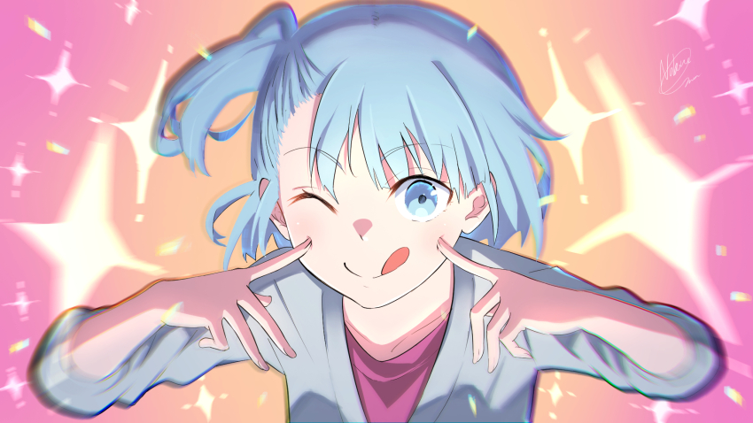 1girl, ;q, blue_eyes, blue_hair, blue_jacket, blush, collarbone, commentary_request