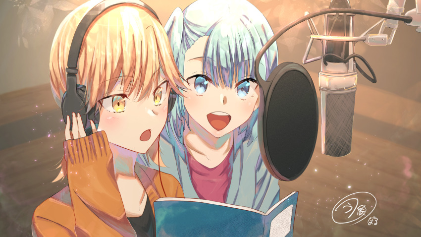 2girls, :d, black_shirt, blonde_hair, blue_hair, blue_jacket, book, commentary_request