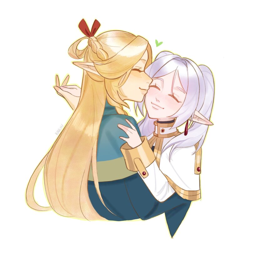 2girls, artist_name, blonde_hair, braid, capelet, closed_eyes, commentary, crossover, dungeon_meshi, earrings, elf, english_commentary, facing_another, female_focus, floating_earrings, frieren, highres, jewelry, kiss, long_hair, marcille_donato, multiple_girls, pointy_ears, riinchu, simple_background, sousou_no_frieren, trait_connection, twintails, upper_body, white_background, white_capelet, white_hair, yuri