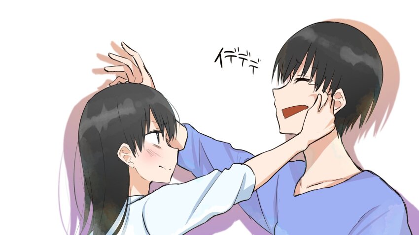 1boy, 1girl, black_eyes, black_hair, blue_shirt, closed_eyes, from_side, gen_(mona_lisa_no_zaregoto)