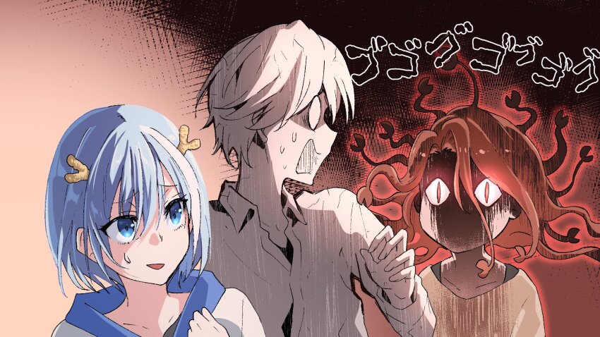 1boy, 2girls, angry, blue_eyes, blue_hair, collared_shirt, crossover, enji_(mona_lisa_no_zaregoto)