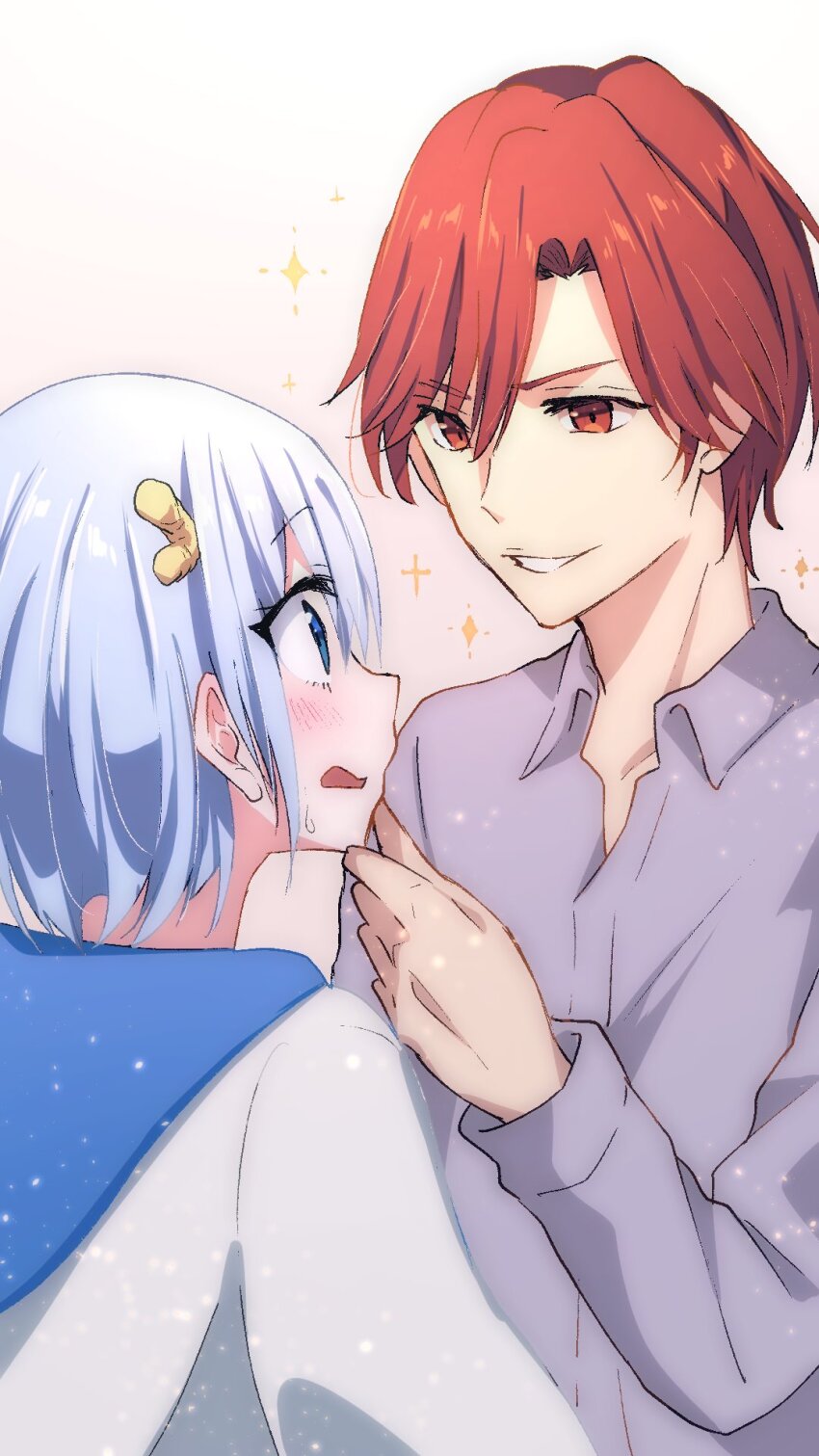 1boy, 1girl, blue_eyes, blue_hair, collared_shirt, crossover, enji_(mona_lisa_no_zaregoto), flirting