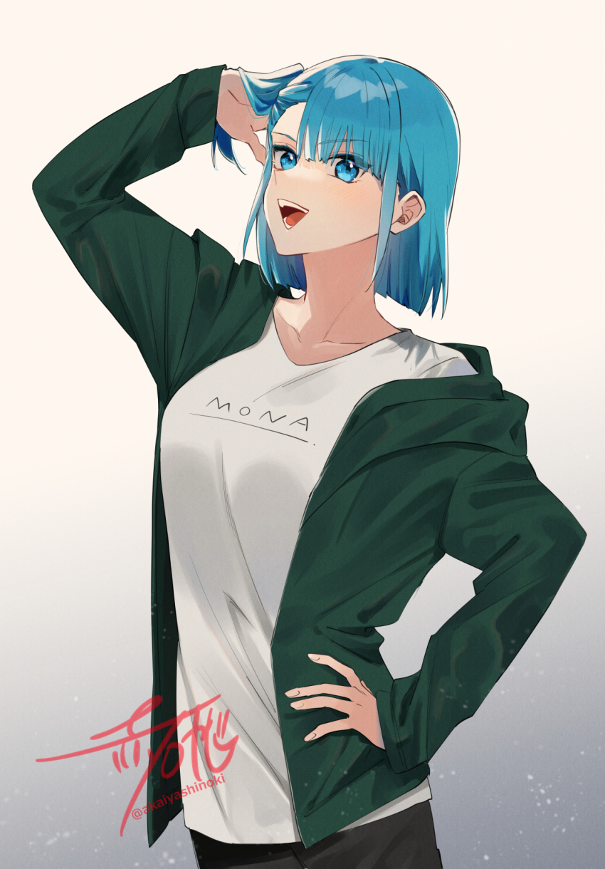 1girl, :d, akaishi_yashi, arm_up, black_pants, blue_eyes, blue_hair, collarbone