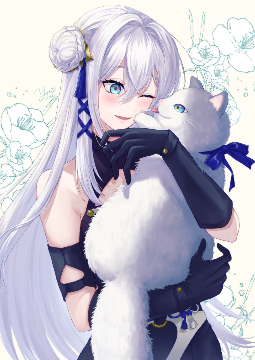 1girl, 440(yoshio), absurdres, animal, black_gloves, blue_eyes, cat, double_bun