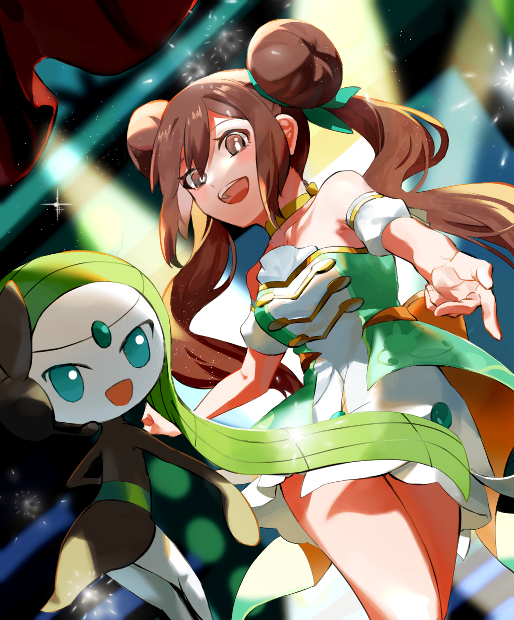 1girl, alternate_eye_color, bare_shoulders, blue_eyes, breasts, brown_eyes, brown_hair, collarbone