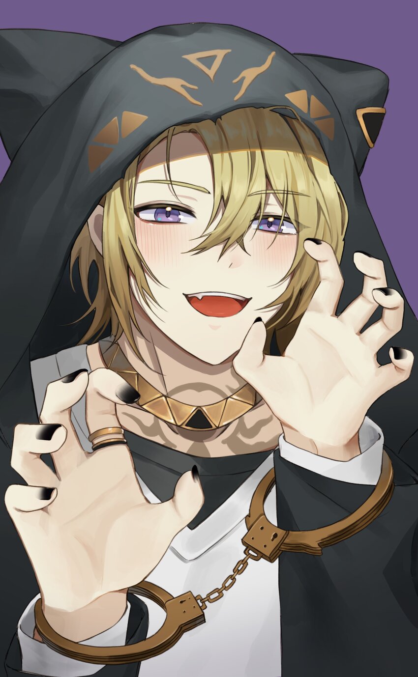 1boy, absurdres, animal_hood, arm_cuffs, black_jacket, black_nails, blonde_hair, cat_hood