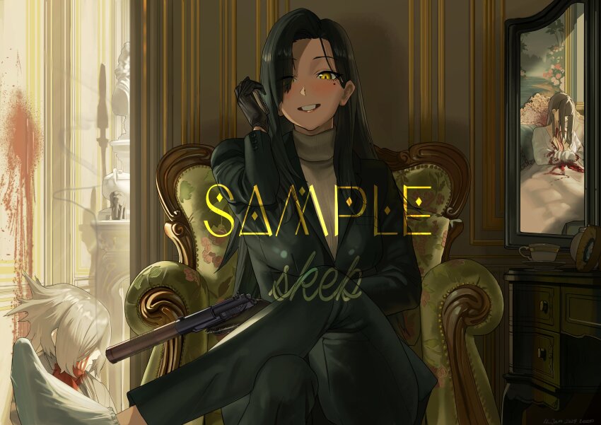 1boy, 2girls, absurdres, black_hair, black_jacket, black_pants, blood, blood_on_clothes