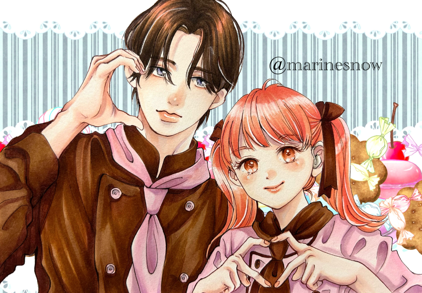 1boy, 1girl, artist_name, ashioki_oushi, blush, brown_hair, brown_ribbon, candy