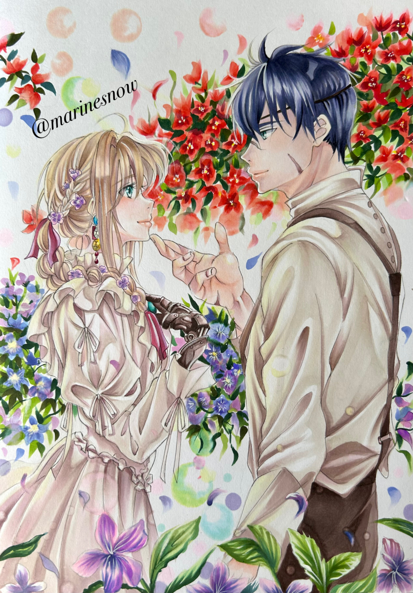 1boy, 1girl, absurdres, blonde_hair, blue_hair, brooch, dress, earrings, eye_contact, eyepatch, flower, gilbert_bougainvillea, green_eyes, hand_on_another's_chin, hetero, highres, jewelry, looking_at_another, marinesnow1226, prosthesis, prosthetic_hand, scar, scar_on_face, shirt, standing, suspenders, violet_(flower), violet_evergarden, violet_evergarden_(series), white_dress, white_shirt