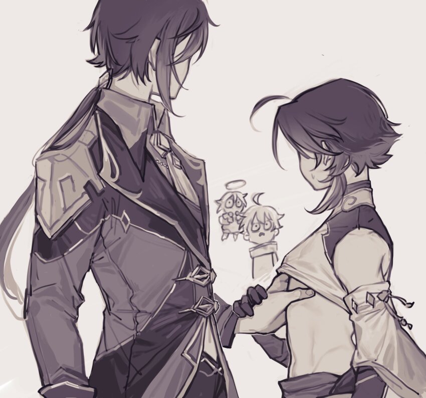 1girl, 3boys, aether_(genshin_impact), arm_at_side, bare_shoulders, caught, chibi, clothes_lift