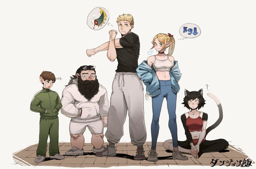 1girl, 2girls, 3boys, ?, animal_ears, arrow_(symbol), asymmetrical_legwear, bare_shoulders