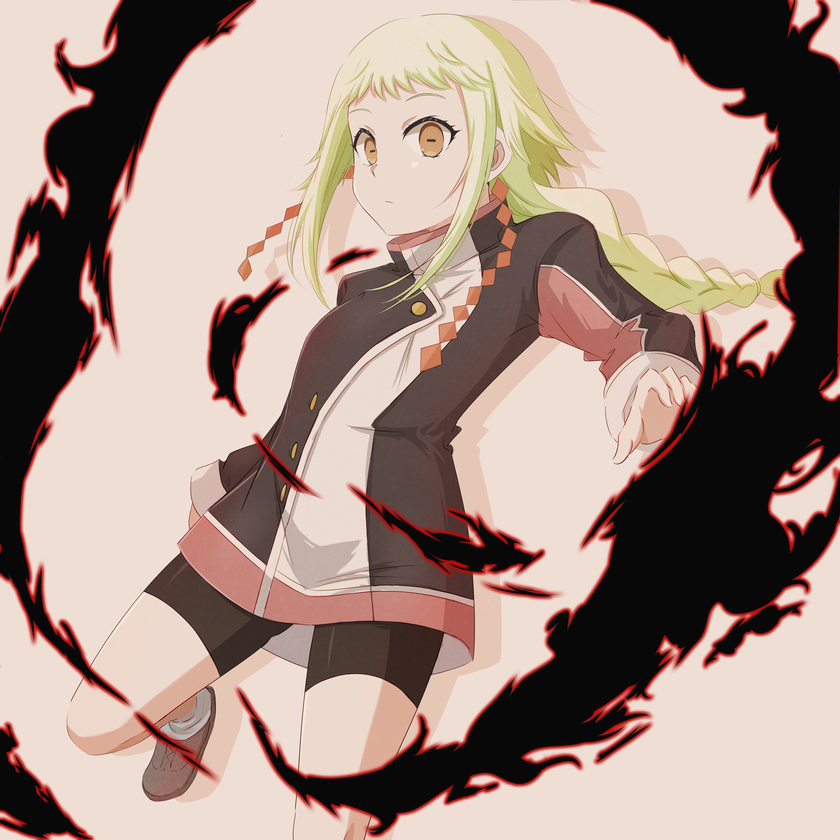 1girl, bike_shorts, black_fire, black_jacket, blonde_hair, braid, breasts, brown_eyes