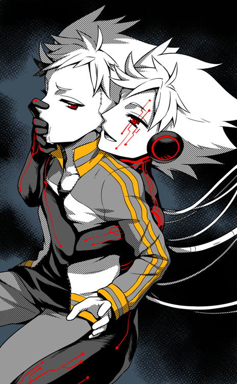 2boys, android, black_background, black_bodysuit, black_shirt, bodysuit, cable, colored_skin