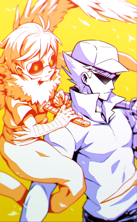 2boys, animal_hands, antenna_hair, aviator_sunglasses, bandaged_torso, baseball_cap, bro_strider, brothers