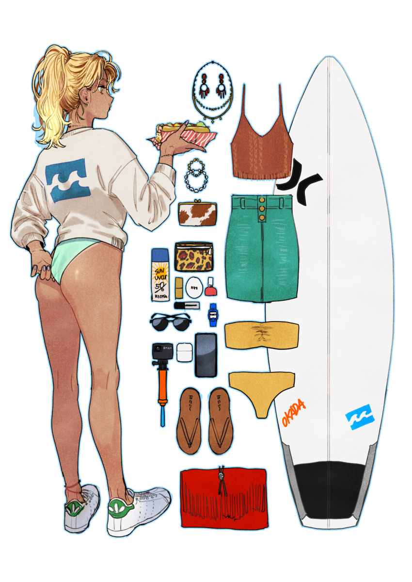 1girl, adjusting_clothes, adjusting_swimsuit, anklet, arm_behind_back, ass, bag, bikini, bottle, camera, camisole, cellphone, commentary, cosmetics, dark-skinned_female, dark_skin, earrings, eating, english_commentary, equipment_layout, flip-flops, food, from_behind, full_body, hand_up, handbag, highres, holding, holding_food, jacket, jewelry, long_hair, long_sleeves, looking_ahead, lotion, miniskirt, nail_polish, nail_polish_bottle, necklace, okada_(hoooojicha), original, pencil_skirt, phone, ponytail, print_jacket, purple_nails, sandals, shoes, skirt, sneakers, solo, standing, sunglasses, sunscreen, surfboard, swimsuit, swimsuit_under_clothes, unworn_bikini, unworn_bracelet, unworn_clothes, unworn_earring, unworn_jewelry, unworn_necklace, unworn_skirt, watch, wave_print, wedgie, what's_in_my_bag, white_footwear, white_jacket, wristwatch, yellow_bikini