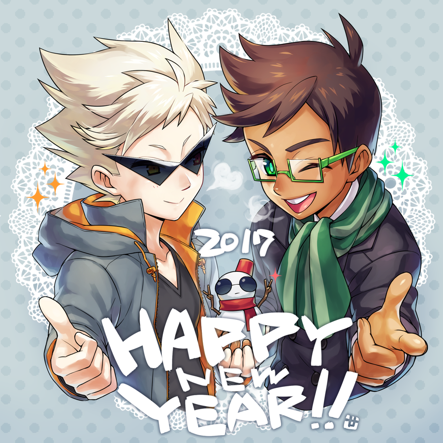 2017, 2boys, ascot, aviator_sunglasses, black_jacket, black_shirt, brown_hair, buck_teeth