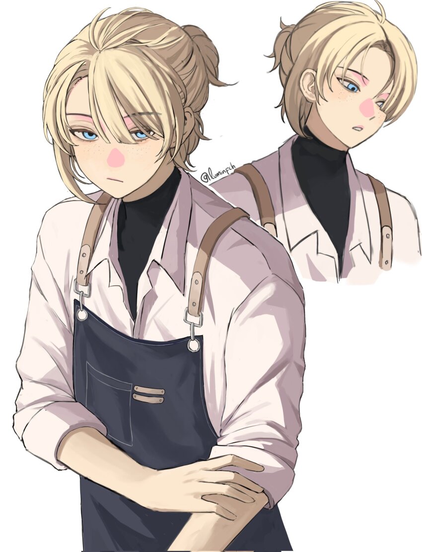 1boy, alternate_costume, androgynous, apron, black_shirt, blonde_hair, blue_apron, blue_eyes