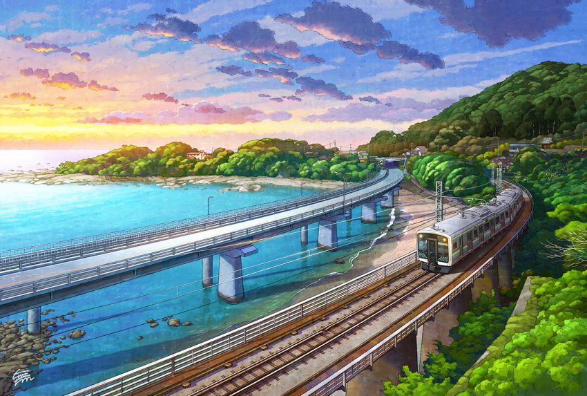 bridge, cloud, commentary_request, east_japan_railway_company, kamogawa_(chiba), lamppost, mountain, mugumo_24k