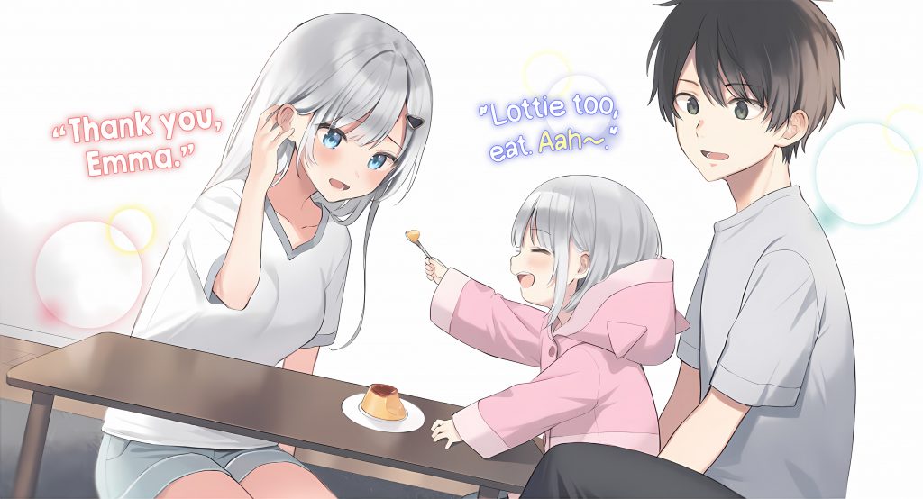 1boy, 2girls, aoyagi_akihito, black_pants, blue_eyes, blush, brown_eyes, brown_hair