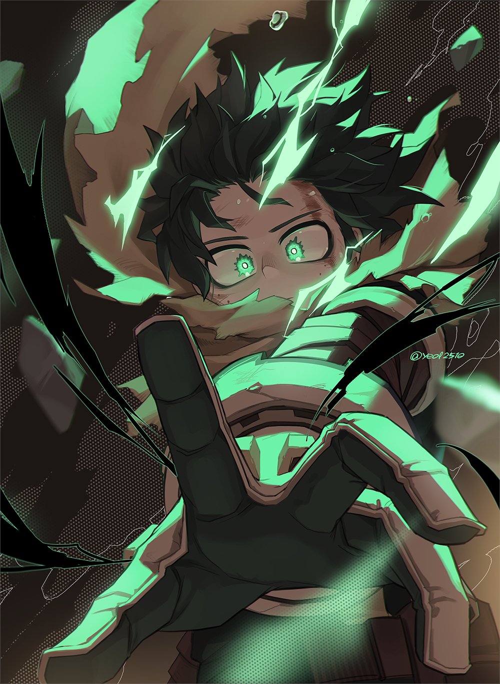 1boy, boku_no_hero_academia, freckles, gloves, green_eyes, green_gloves, green_hair, green_jumpsuit, highres, jumpsuit, male_focus, midoriya_izuku, scarf, short_hair, solo, two-tone_gloves, white_gloves, yellow_scarf, yeol2510