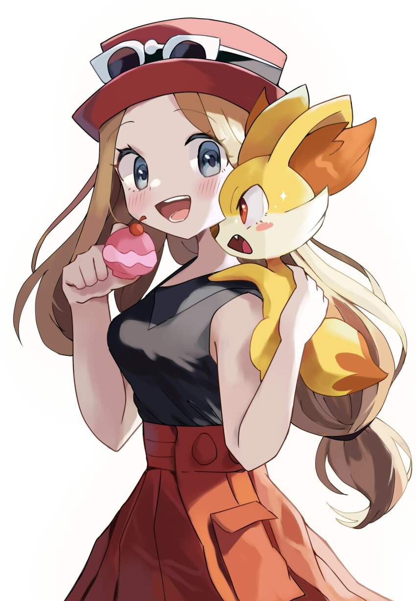 1girl, blue_eyes, blush, commentary_request, eyelashes, eyewear_on_headwear, fang, fennekin, food, gen_6_pokemon, hat, highres, holding, holding_food, holding_pokemon, nintendo, open_mouth, pokemon, pokemon_(creature), pokemon_x_and_y, red_headwear, red_skirt, rongai28, serena_(pokemon), simple_background, skirt, sunglasses, tail, teeth, white-framed_eyewear, white_background, yellow_fur