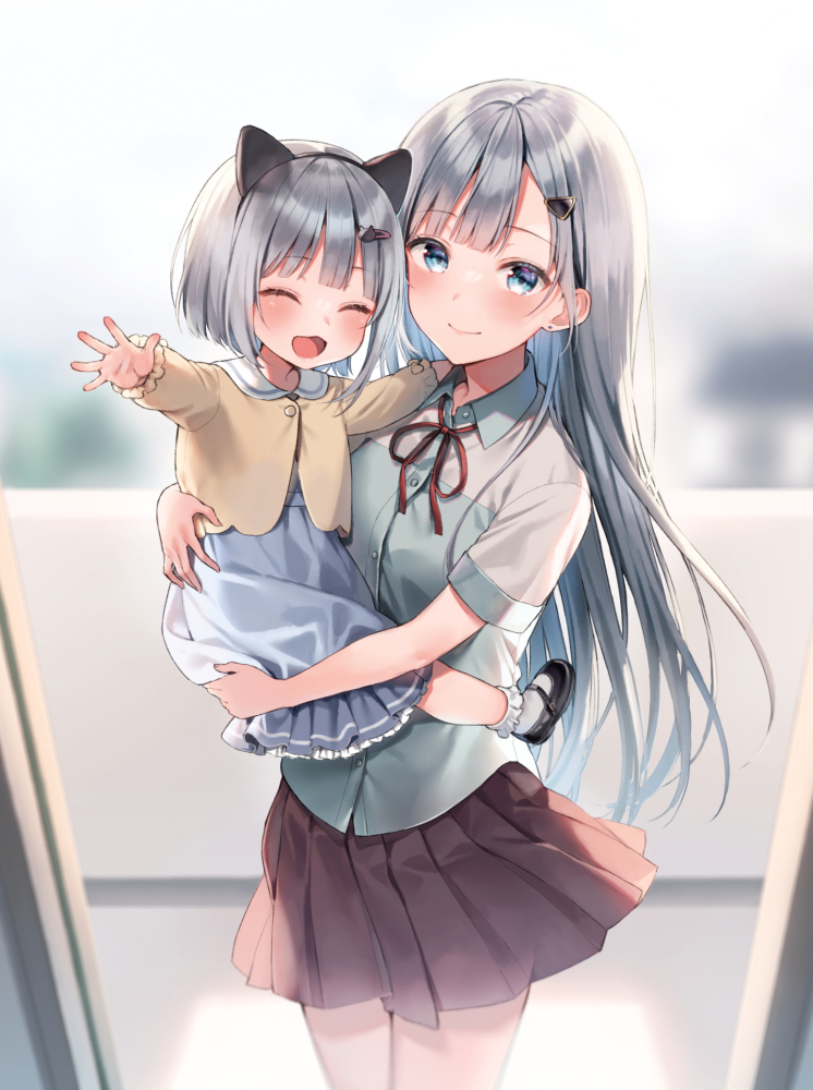 2girls, animal_ears, blue_eyes, blush, cat_ears, cat_ear_hairband, charlotte_bennett, closed_eyes, closed_mouth, dress, emma_bennett, hands_up, hug, jacket, looking_at_viewer, maigo_ni_natteita_youjo_wo_tasuketara, _otonari_ni_sumu_bishoujo_ryuugakusei_ga_ie_ni_asobi_ni_kuru_you_ni_natta_ken_nitsuite, multiple_girls, open_mouth, pink_skirt, red_ribbon, ribbon, school_uniform, shirt, shoes, skirt, sky, smile, socks, white_dress, white_hair, white_shirt, white_socks, yellow_jacket