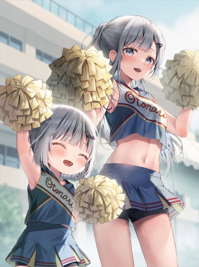 2girls, blue_eyes, blue_shirt, blue_sky, blush, charlotte_bennett, cheerleader, cheerleader_blue, closed_eyes, emma_bennett, looking_at_viewer, maigo_ni_natteita_youjo_wo_tasuketara, _otonari_ni_sumu_bishoujo_ryuugakusei_ga_ie_ni_asobi_ni_kuru_you_ni_natta_ken_nitsuite, miniskirt, multiple_girls, open_mouth, pom_pom_(cheerleading), pompoms, school, shirt, skirt, sky, smile, white_hair