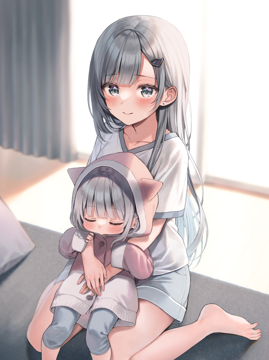 2girls, blue_eyes, blush, charlotte_bennett, closed_eyes, closed_mouth, emma_bennett, grey_pants