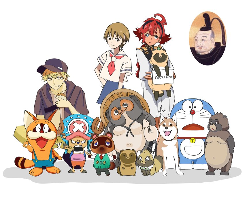 1boy, 2girls, angry, animal, animal_crossing, blank_eyes, blonde_hair, blue_skirt, brown_hair, character_request, commentary_request, copyright_request, crossover, dark-skinned_female, dark_skin, doraemon, doraemon_(character), food, gamigami_maou_(artist), gundam, gundam_suisei_no_majo, hat, highres, holding, holding_animal, holding_food, lineup, looking_at_viewer, multiple_crossover, multiple_girls, nintendo, one_eye_closed, one_piece, open_mouth, overalls, pokonyan, pokonyan!_(series), raccoon, red_hair, robot, school_uniform, serafuku, shiba_inu, short_hair, short_sleeves, shorts, simple_background, sitting, skirt, standing, suletta_mercury, surprised, tanuki, tokugawa_ieyasu_(real_life), tom_nook_(animal_crossing), tony_tony_chopper, trait_connection, white_background, white_shorts