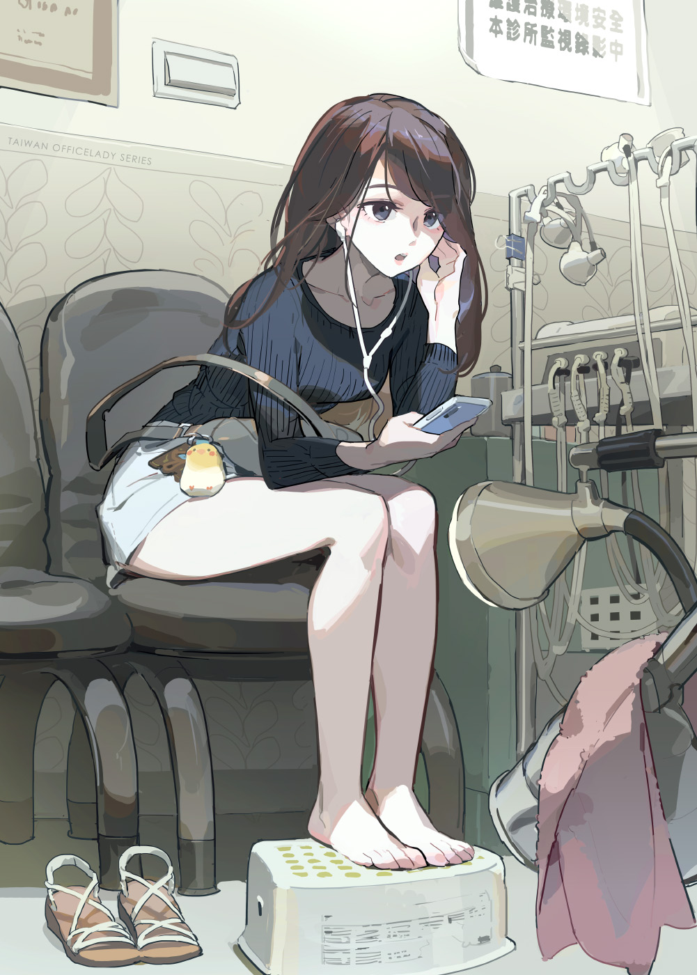 1girl, adjusting_earphones, bare_legs, barefoot, black_eyes, black_hair, black_shirt, cellphone, chair, commentary_request, earphones, feet, full_body, grey_shorts, highres, holding, holding_phone, indoors, leaning_forward, legs, long_hair, long_sleeves, office_lady_taiwan, on_chair, open_mouth, original, phone, revision, sandals, shirt, shorts, sitting, slippers, smartphone, solo, taiwan, tennohi, toenails, toes, unworn_sandals