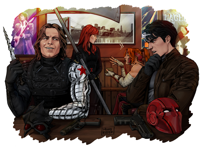 artemis_of_bana-mighdall, avengers_(series), bandaged_hand, bandages, batman_(series), belt, black_bodysuit, black_gloves