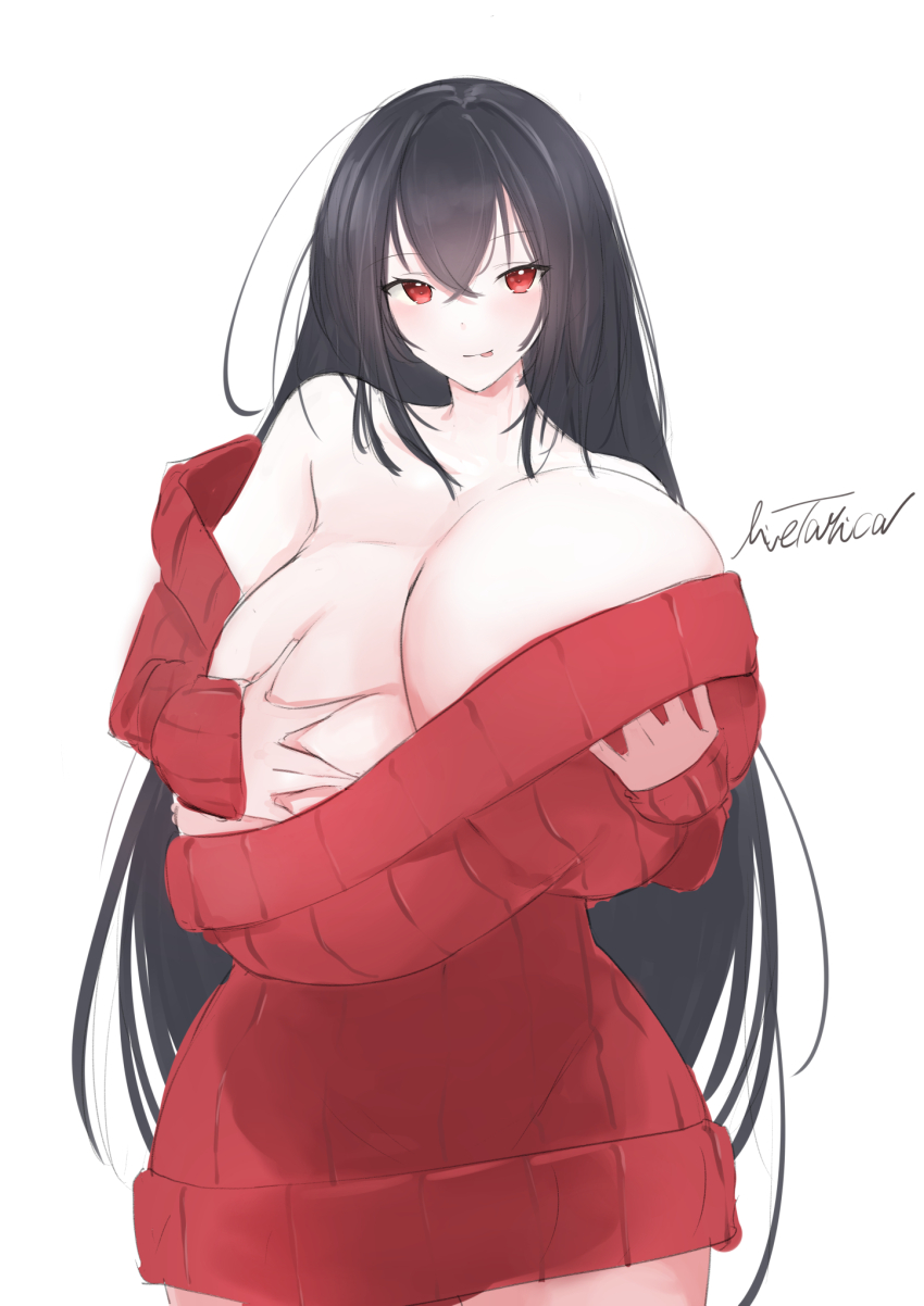 1girl, artist_name, azur_lane, bare_shoulders, black_hair, blush, breast_lift, breasts, cleavage, collarbone, cowboy_shot, crossed_bangs, deep_skin, dress, gigantic_breasts, grabbing_own_breast, hair_between_eyes, highres, licking_lips, livetarica, long_hair, looking_at_viewer, off-shoulder_sweater, off_shoulder, red_eyes, red_sweater, signature, solo, standing, sweater, sweater_dress, taihou_(azur_lane), tongue, tongue_out, very_long_hair, wide_hips
