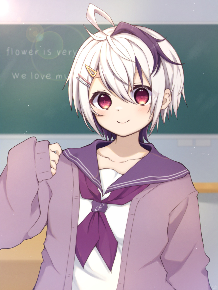 1girl, ahoge, chalkboard, classroom, collarbone, english_text, flower_(vocaloid), flower_(vocaloid4)