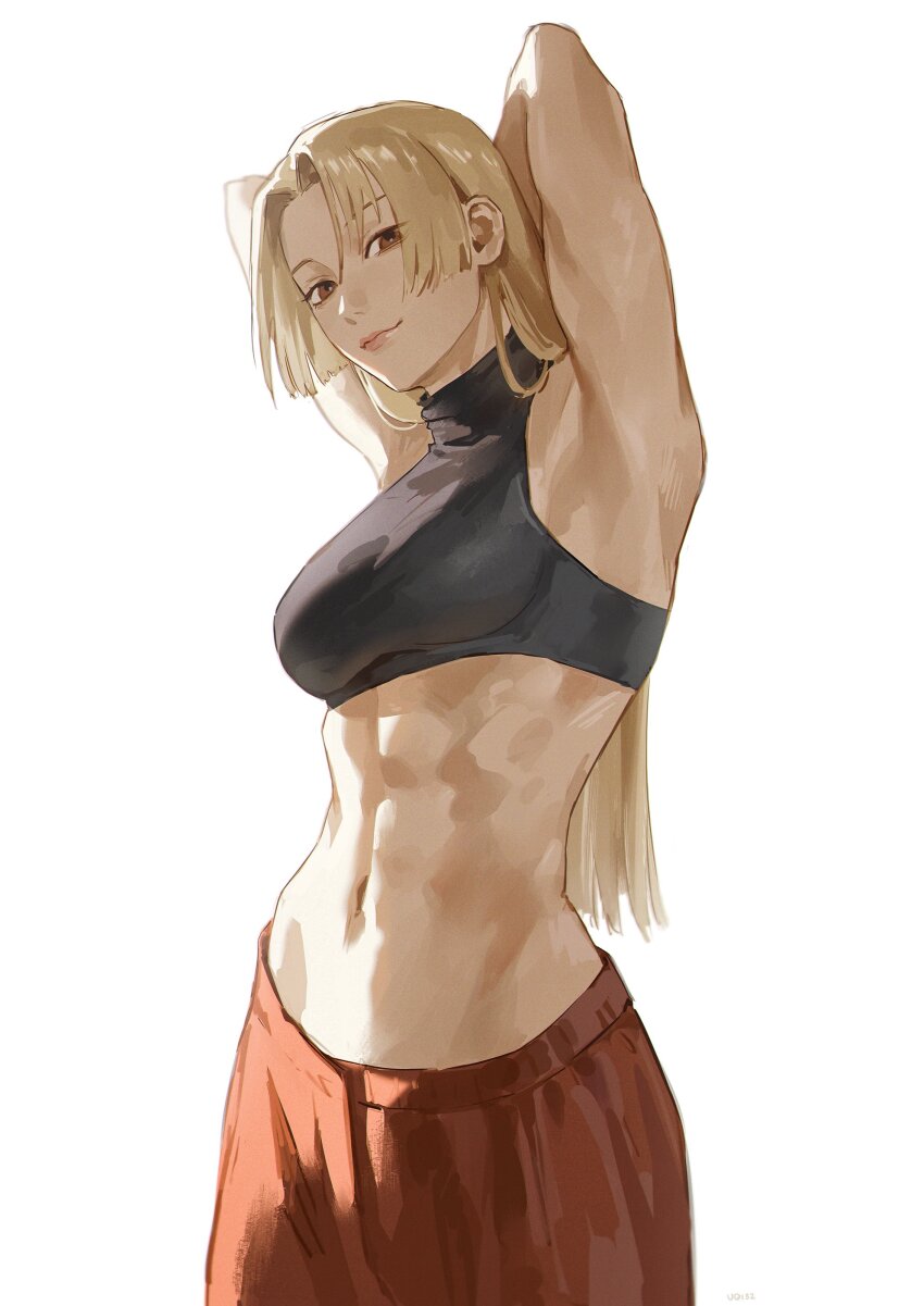 1girl, abs, absurdres, arms_behind_head, blonde_hair, brown_eyes, crop_top, highres, jujutsu_kaisen, lips, long_hair, looking_at_viewer, midriff, navel, pants, red_pants, seductive_smile, sleeveless, smile, solo, toned, tsukumo_yuki_(jujutsu_kaisen), uqi32