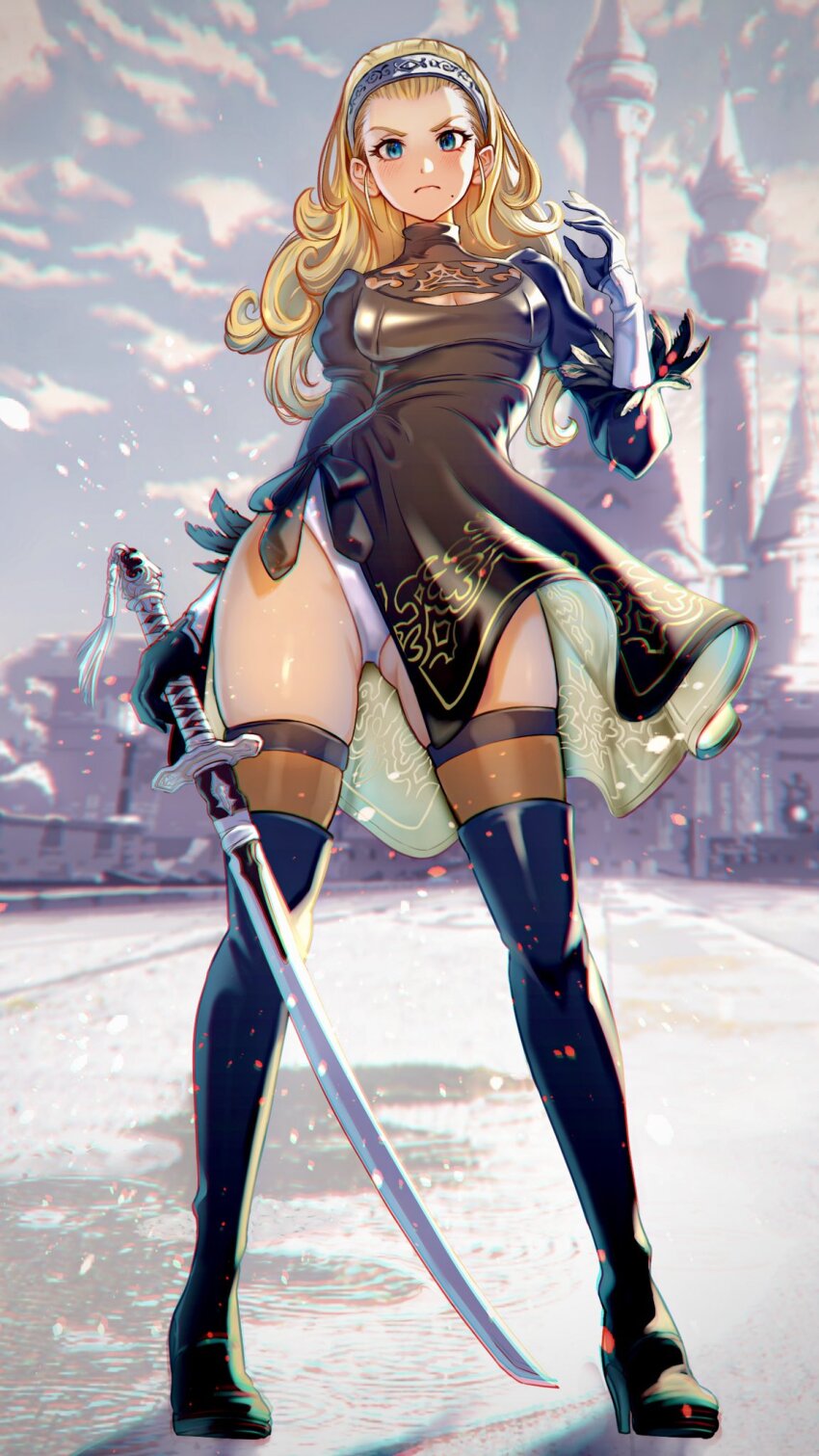1girl, 2b_(nier:automata), 2b_(nier:automata)_(cosplay), anlucea, black_boots, black_dress, black_gloves, blonde_hair